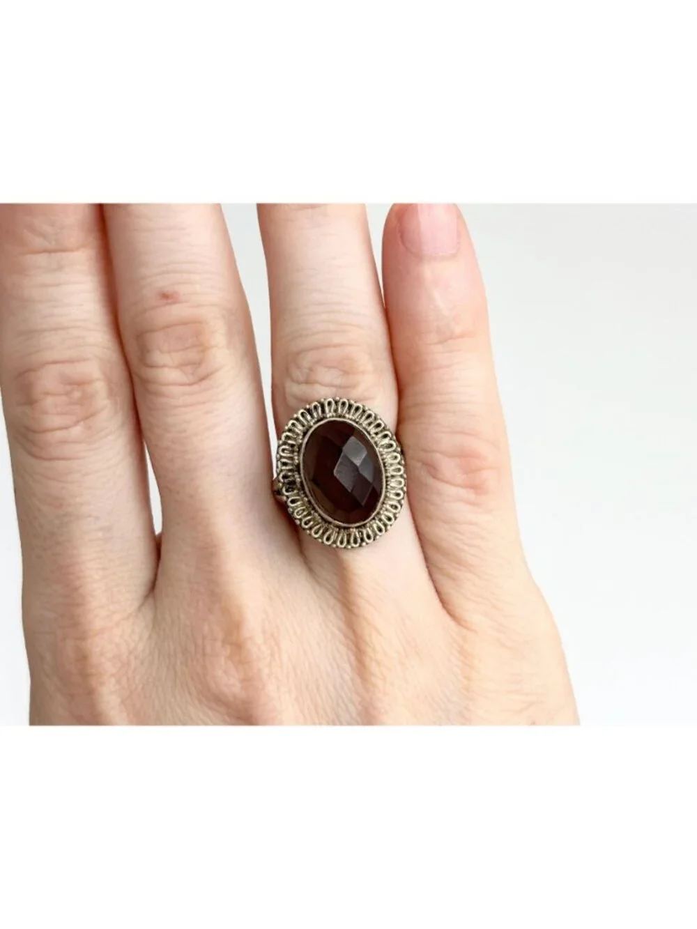 Smoky Quartz Faceted Oval Balinese Sterling Silver 925 Vintage Ring - sz 6.75